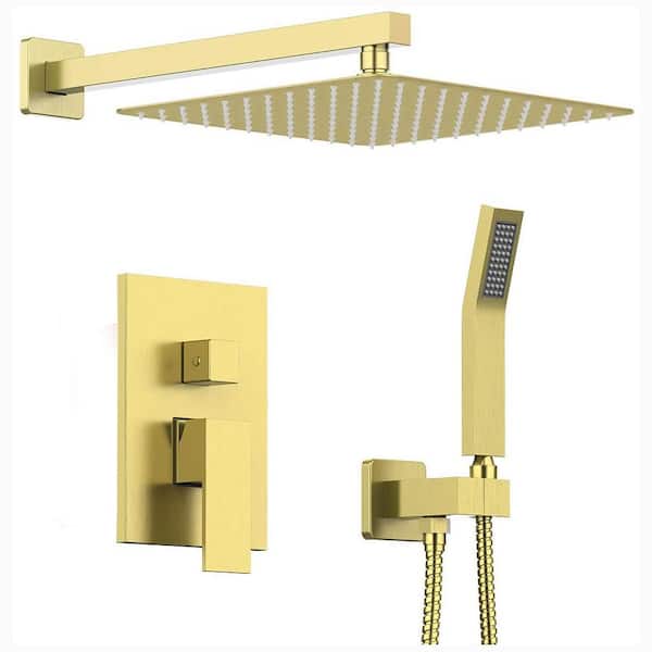 FORCLOVER 1-Spray Square High Pressure 12 in. Shower Head Brass Wall Bar Shower Kit with Hand Shower in Brushed Gold