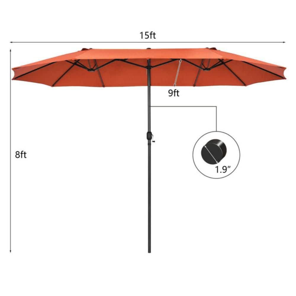 15ft Orange Double-Sided Steel Patio Umbrella with Hand Crank