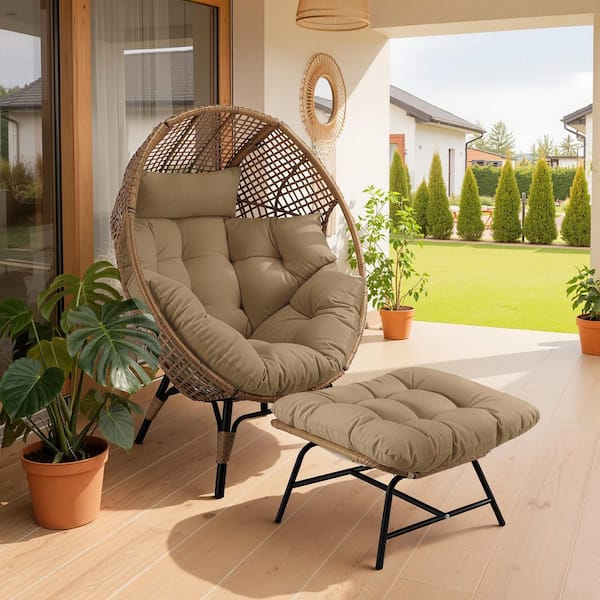Unbranded PE Wicker Indoor Outdoor Lounge Egg Chair with Brown Cushion and Ottoman