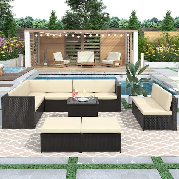 waelph 9-Piece Brown Wicker Patio Conversation Set Sectional Seating Group with Beige Cushions and Ottoman