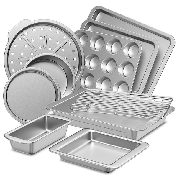 10-Piece Bakeware Set, Including Rack, Cookie Sheet, Cake Pans, Loaf Pan, Muffin Pan and Pizza Pan, Silver