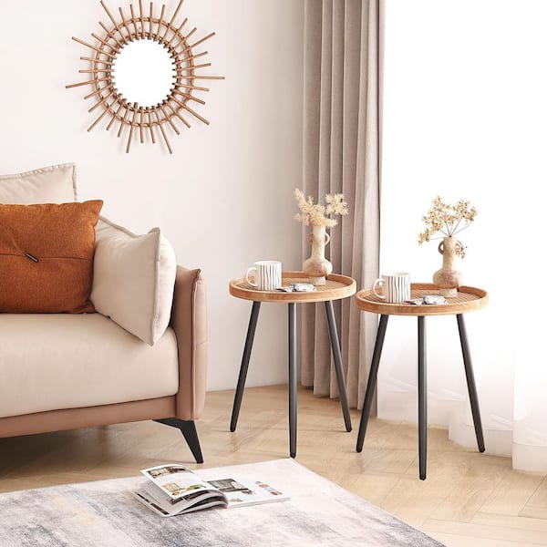 MOEPISY 2-Piece Rattan Round Side End Table, Nightstand Tables, Log Desktop, Wooden Tray Table with Black Metal Stand End Table