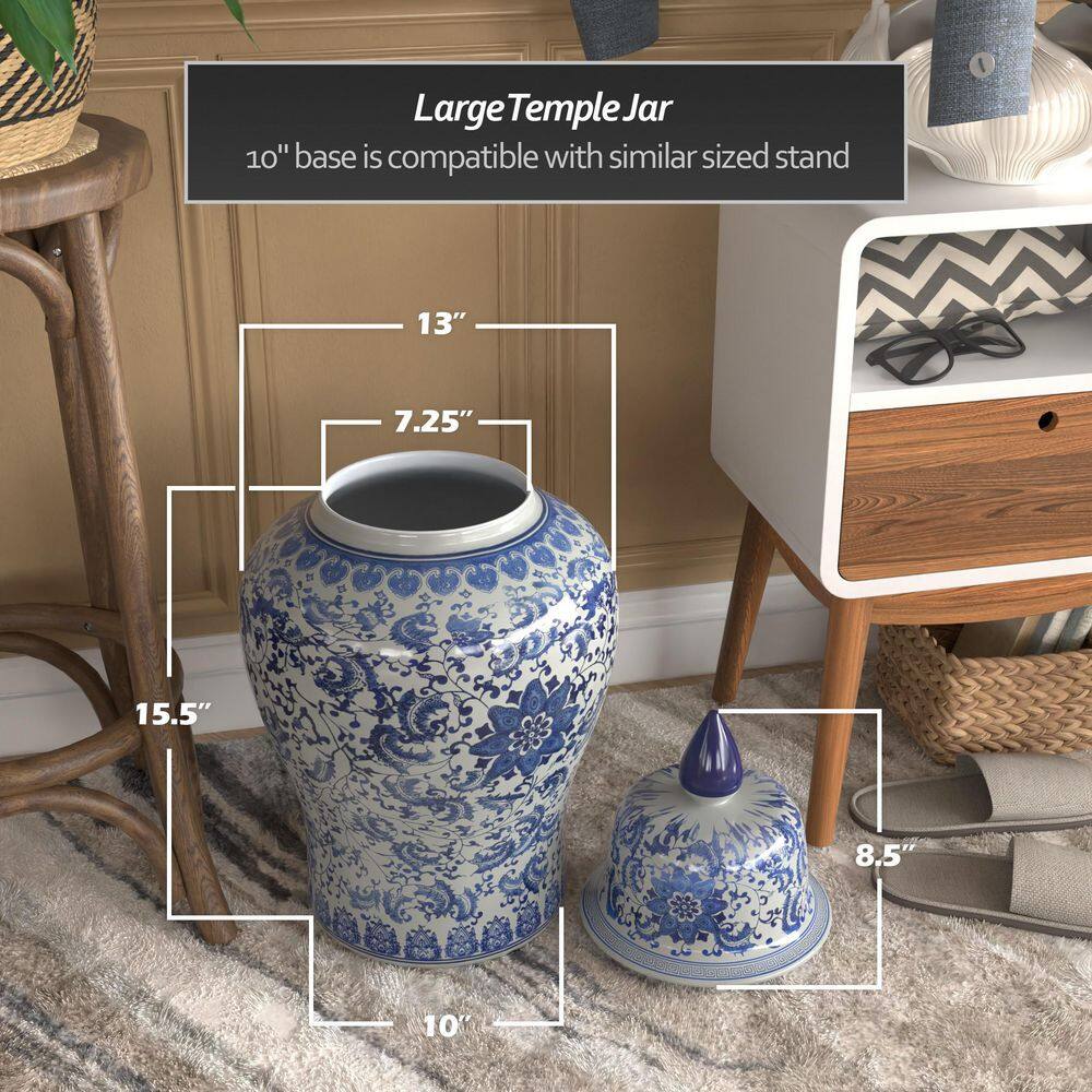 24" Blue and White Floral Porcelain Temple Jar