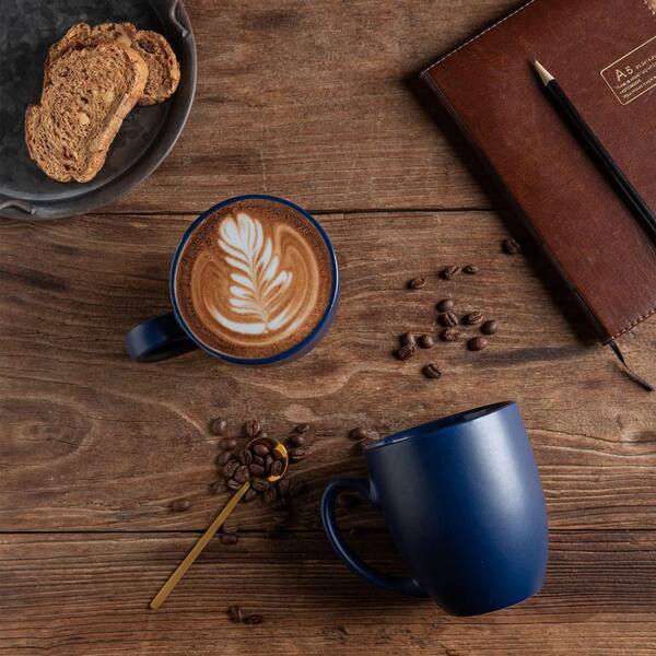 Wudkey 16 oz. Matte Blue Ceramic Coffee Mugs with large handle to Hold Easy Clean, Dishwasher Microwave Safe (Set of 6)
