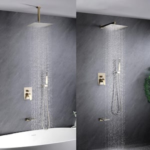 Single Handle 1-Spray Rain 12 in. Square Bathroom Tub and Shower Faucet in Brushed Gold (Valve Included)