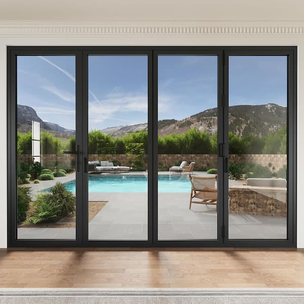 144 in. x 96 in. Left Swing Tempered Glass Black Aluminum Folding Patio Door with Door Stopper (3-Folding Plus 1-Swing)