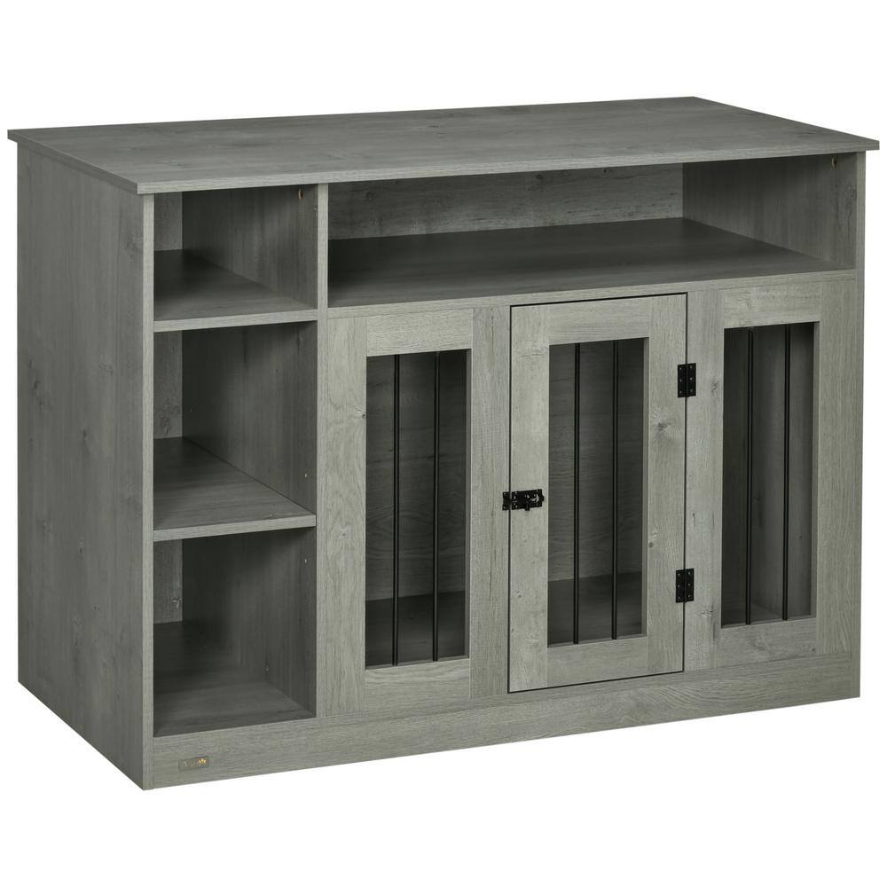 Gray Medium Wooden Dog Crate with Storage Shelves