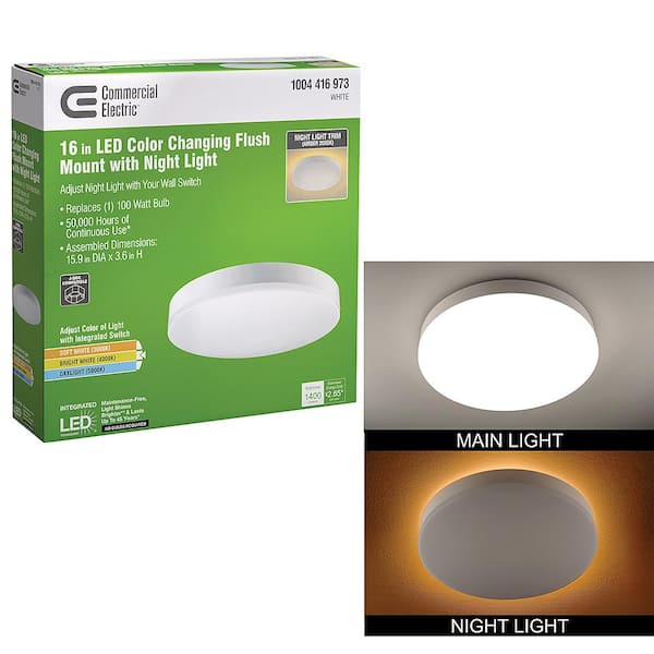Commercial Electric 16 In Color Changing Selectable Led Flush Mount Ceiling Light With Night Feature 1400 Lumens 22 Watts Dimmable 56549101 The Home Depot - Electric Led Ceiling Lights