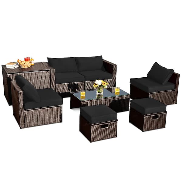 Costway 8-Piece Patio Rattan Furniture Set Space-Saving Storage Cushion Black Cover