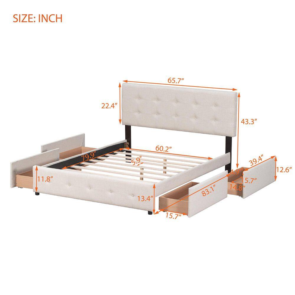 Beige Linen Upholstered Wood Frame Queen Size Platform Bed with 4-Drawers - thumbnail 4