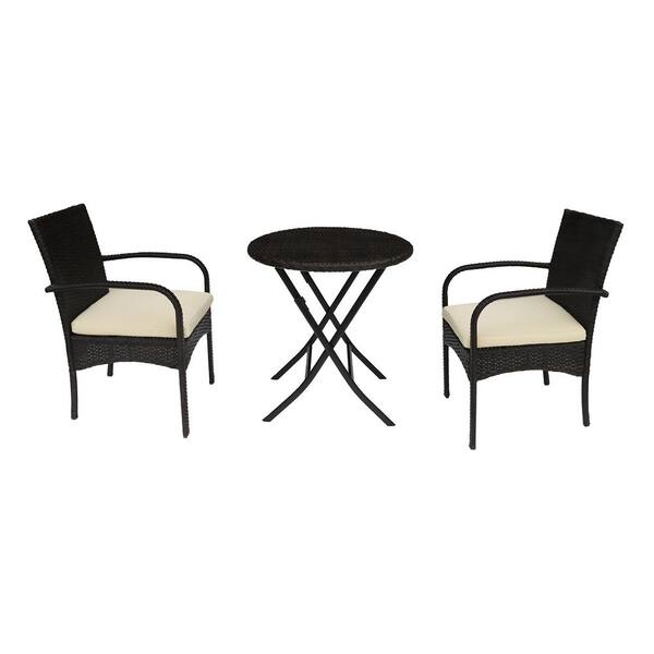 Unbranded Mix Brown 3-Piece Wicker Outdoor Bistro Set with Round Coffee Table and Beige Cushion