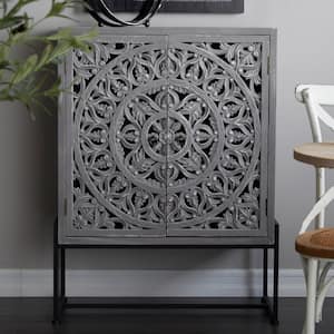 Gray Wood Intricately Carved 1 Shelf and 2 Doors Floral Cabinet