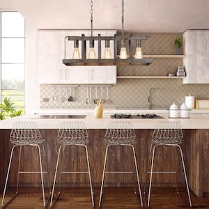 Farmhouse 5-Light Brushed Gray Island Linear Cage Chandelier Pendant Light with Faux Deep Wood Accents for Kitchen