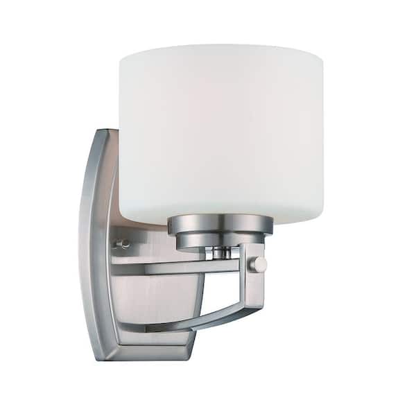 Designers Fountain 5 in. Axel 1-Light Satin Platinum Art Deco Wall Mount Sconce Light with White Opal Glass Shade