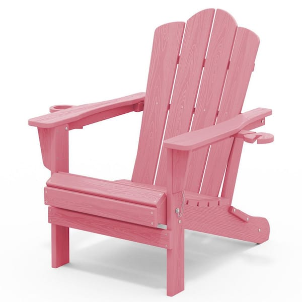 Classic Outdoor HDPE Folding Plastic Adirondack Chair with 2 Cup Holders in Pink (Set of 1)
