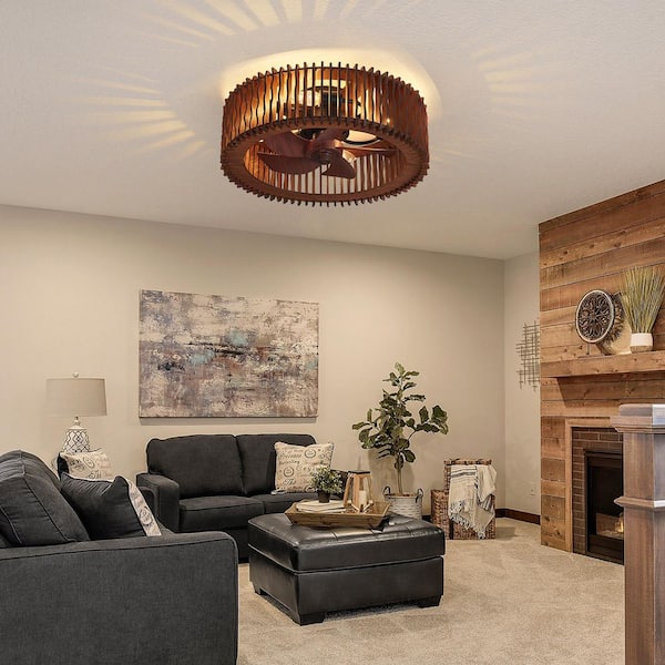 20 in. Dark Coffee Flush Mount Ceiling Fan with Light, Rustic Wavy Wood Caged Low Profile with Remote Reversible Blades