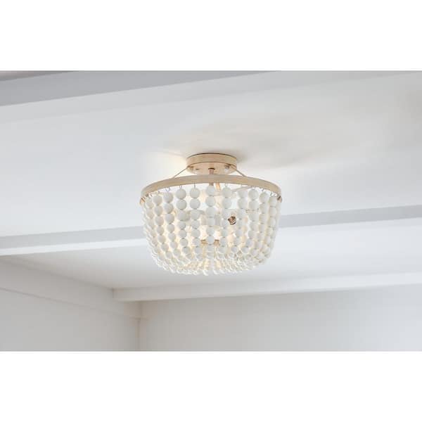 Hampton Bay Cayman 13 in. 2-Light White and Faux Wood Beaded Semi-Flush Mount Ceiling Light Fixture with Beaded Shade