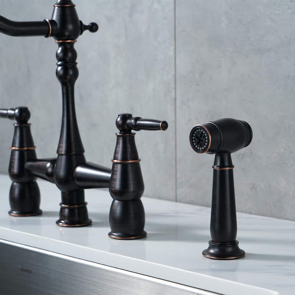 Oil Rubbed Bronze Bridge Kitchen Faucet with Side Sprayer