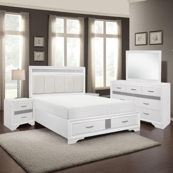 Lucy 4-Piece White and Silver Queen Engineered Wood Bedroom Set