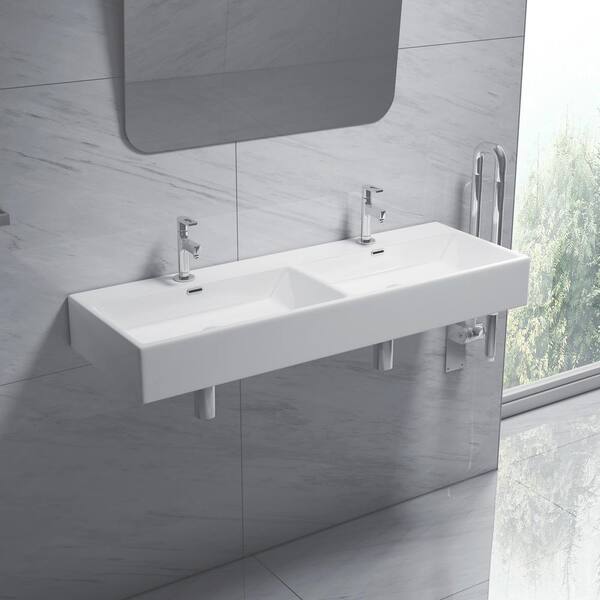 Eridanus 48 in. Turner Crisp White Vitreous China Rectangular Trough Vessel Sink/Wall-Mount Sink with Faucet Hole and Overflow