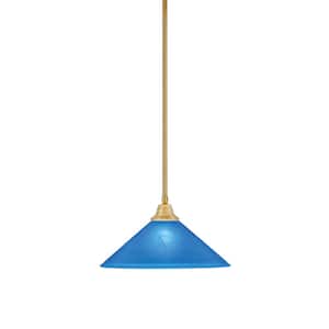 Sparta 100-Watt 1-Light New Age Brass Stem Pendant Light with Blue Italian Glass Shade and Light Bulb Not Included