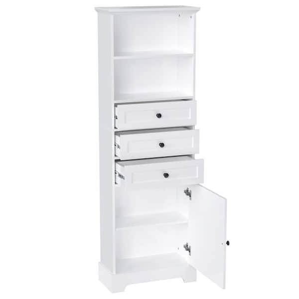 22 in. W x 10 in. D x 68 in. H White MDF Freestanding Linen Cabinet with Door and Drawers, Adjustable Shelf