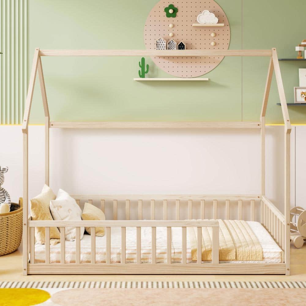 Natural Twin Size Wood House Floor Bed with Roof Frame and Safety Guardrails price history on PriceWatchPro