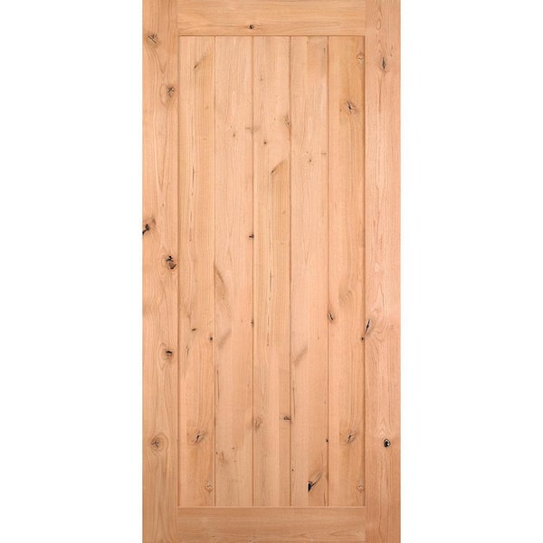 Masonite 30 in. x 84 in. Knotty Alder 1 Panel Shaker V-Groove Solid Wood Interior Barn Door Slab