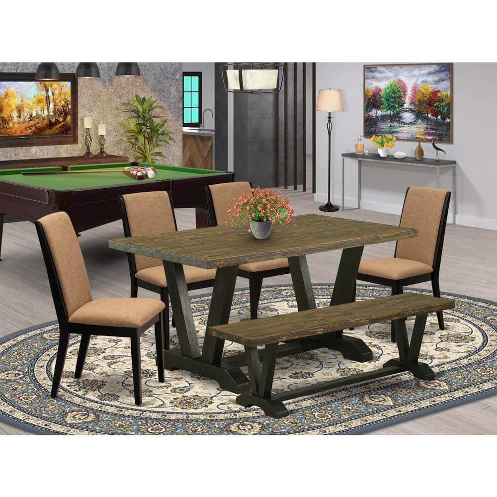6-Piece Rectangle Distressed Jacobean Finish Solid Wood Top Dining Table with 1-Bench, 4-Chairs with Lattice Back price history on PriceWatchPro