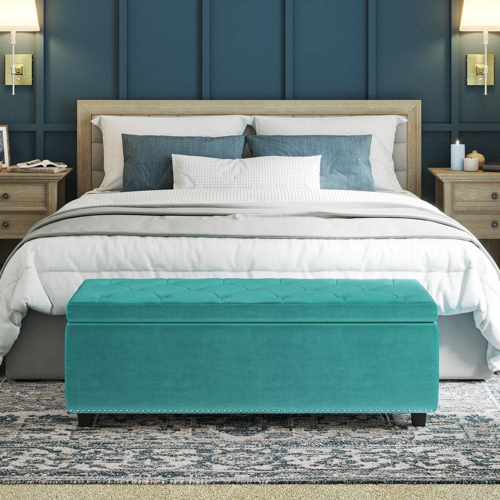 Aqua Blue Velvet Tufted Large Rectangular Storage Footstool