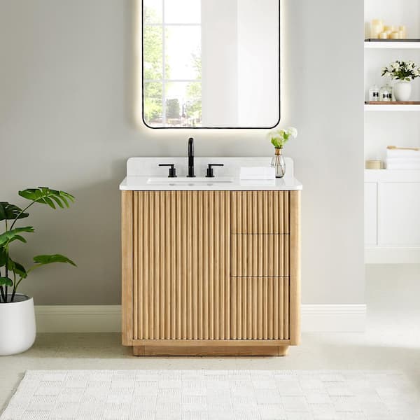 Clayton 36 in. Single Freestanding Washed Light Brown Bath Vanity with Grain White Engineered Stone Top Assembled