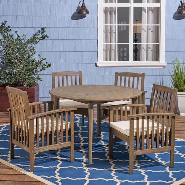 Noble House Casa Acacia Grey 5-Piece Acacia Wood Round Table with Straight Legs Patio Outdoor Dining Set with Cream Cushions