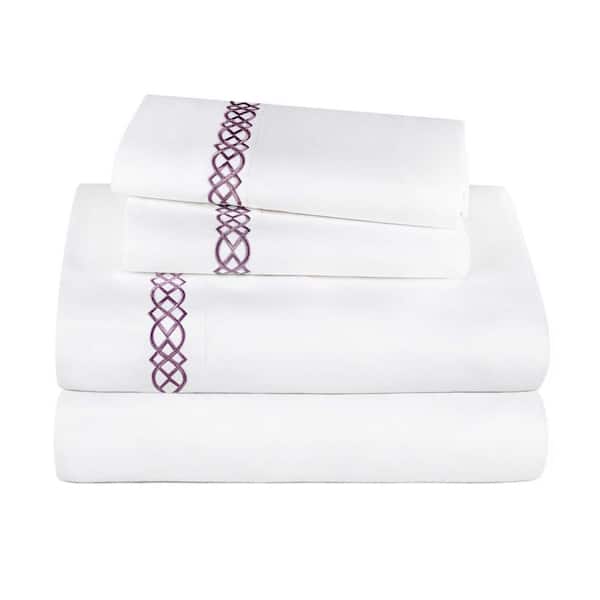 1000 Thread Count 4-Piece White-Tan Embroidered Egyptian Cotton Deep Pocket Full Sheet Set