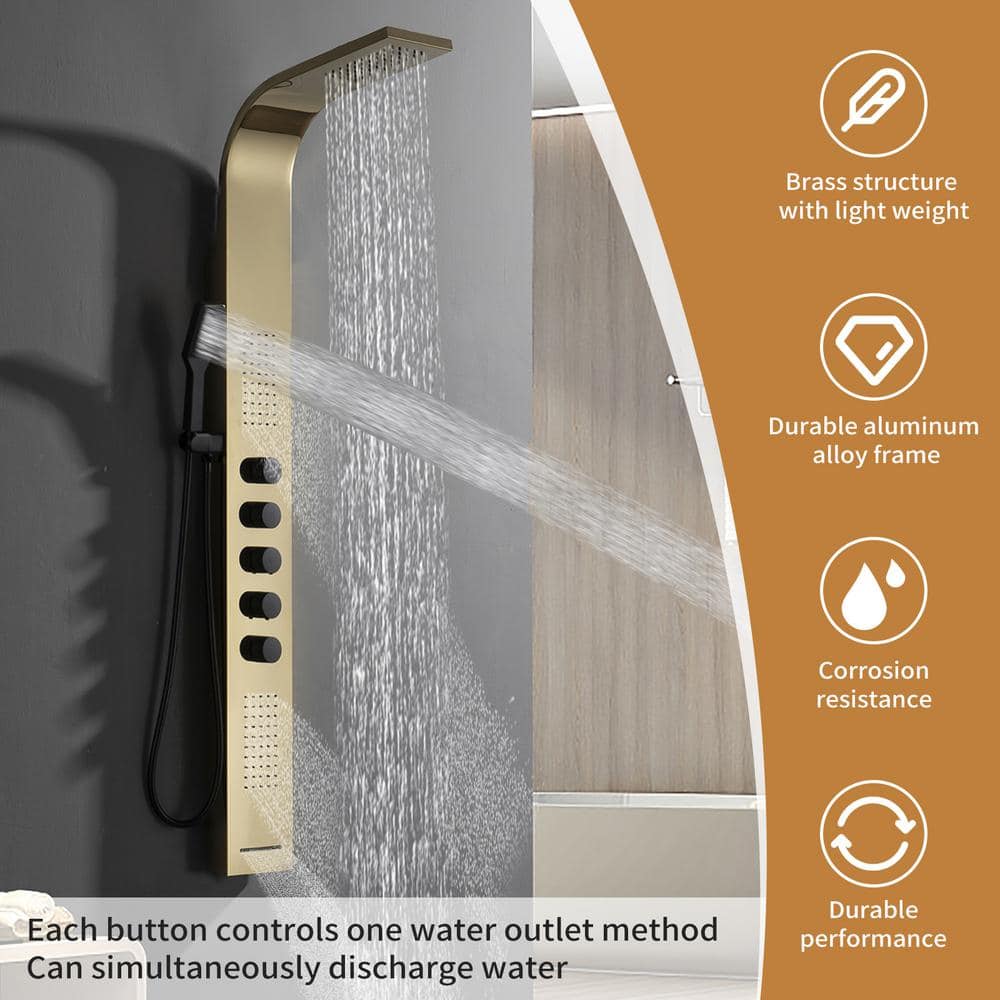 Black and Gold 60'' Modern Brass Shower Panel System with Rainfall Shower Head