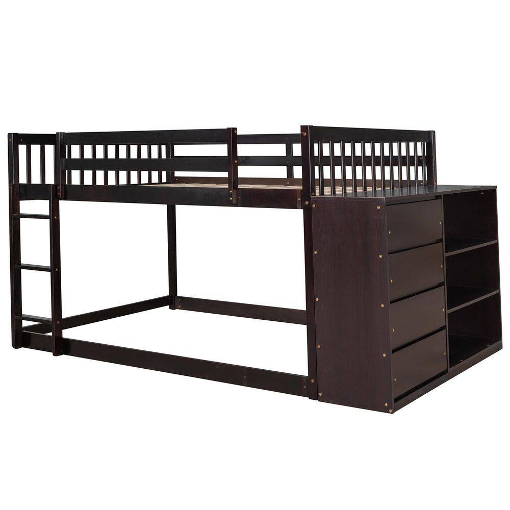 ANBAZAR Brown Full Over Full Wood Bunk Bed Frame with Storage