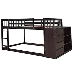 Brown Full Over Full Wood Bunk Bed Frame with Storage Cabinet, 4-Drawers and 3-Shelves
