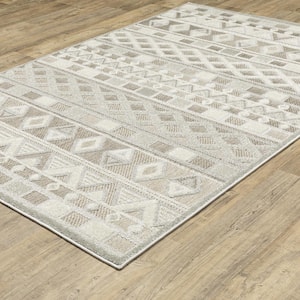 Tudor Beige Doormat 3 ft. x 5 ft. Global Geometric Stripe Polypropylene Mixed Pile Indoor Area Rug