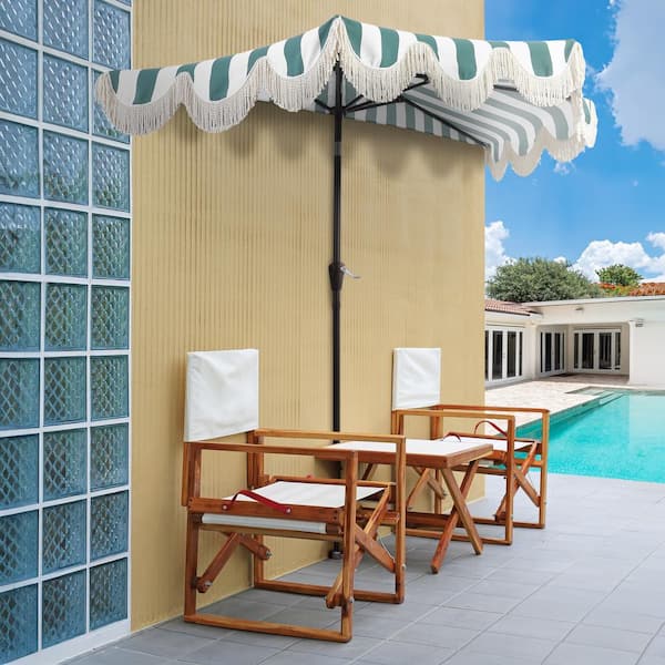 Beverly 9 ft. Scalloped Fringe Half Market Patio Umbrella with Crank, Push Button Tilt and UV Protection in Green/White