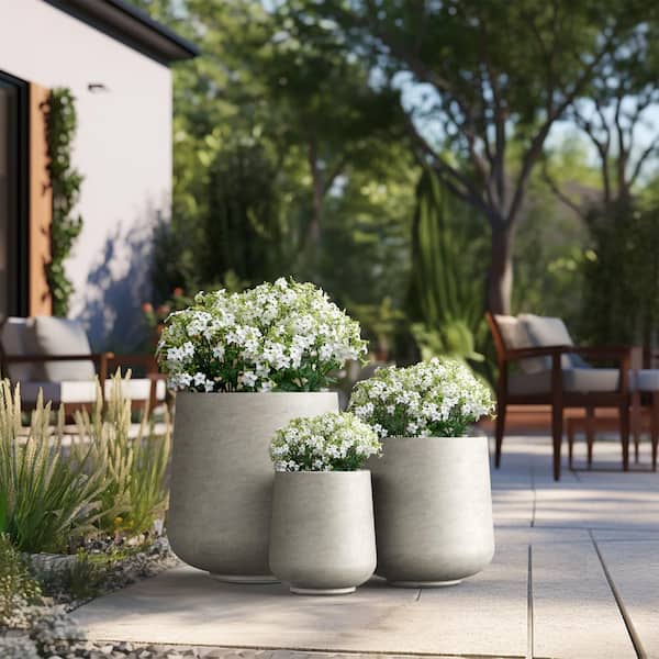 Sapcrete 15.5 in., 12 in., 8.5 in. Dia Light Gray Large Tall Round Concrete Plant Pot / Planter for Indoor and Outdoor Set of 3