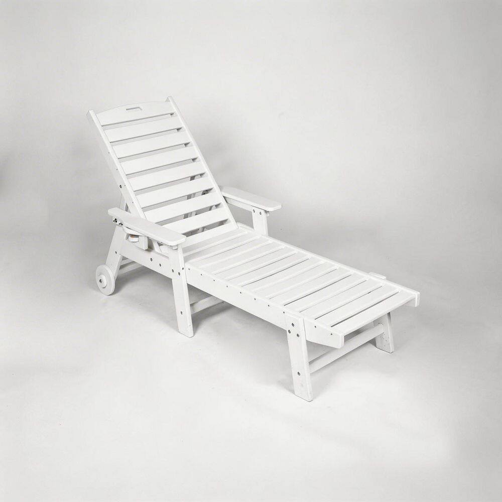 White HDPE outdoor chaise lounge with adjustable backrest and wheels.