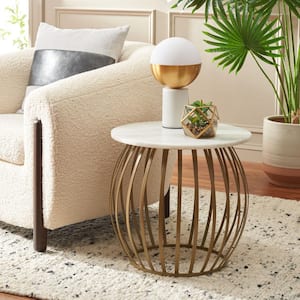 Explorer 19 in. White/Gold Round Faux Marble End Table