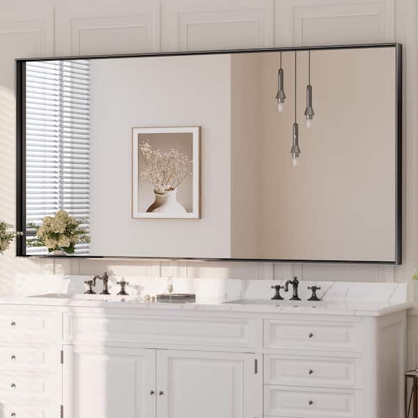 KeonJinn 72 in. W x 36 in. H Rectangular Framed Aluminum Square Corner Wall Mount Bathroom Vanity Mirror in Matte Black