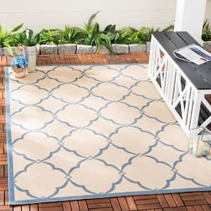 Beach House Cream/Blue Doormat 2 ft. x 4 ft. Trellis Geometric Indoor/Outdoor Area Rug