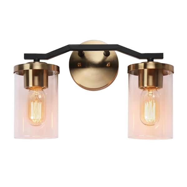 Farmhouse 14 in. 2-Light Brass Gold Wall Light, Modern Black Vanity Light for Mirror, Clear Glass Bathroom Wall Sconces