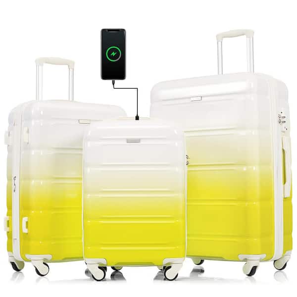 Adrinfly High-Quality Airline Certified Carry-On 3-Piece Yellow Luggage Set w/USB Port, Cup Holder, Hard Shell and Spinner Wheels