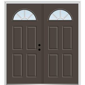 64 in. x 80 in. White Internal Grilles Left-Hand Inswing Fan Lite Clear Painted Fiberglass Smooth Prehung Front Door