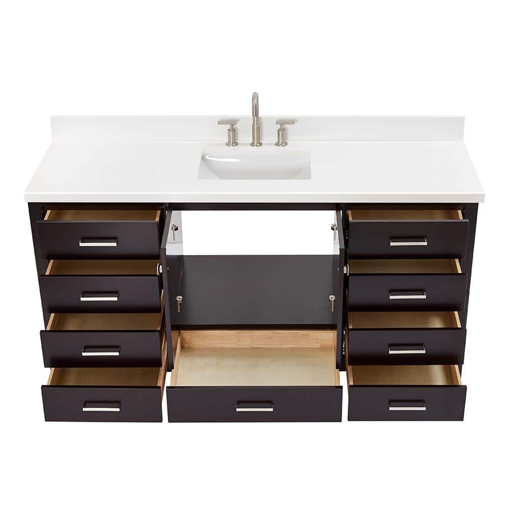 Espresso Solid Wood Freestanding Single Basin Vanity with Quartz Top