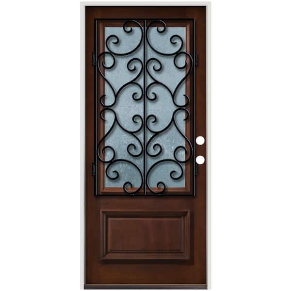 Steves & Sons 36 in. x 80 in. Decorative Iron Grille 3/4 Lite Stained Mahogany Wood Prehung Front Door