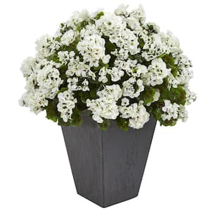 Indoor/Outdoor UV Resistant White Geranium Artificial Plant in Slate Plater