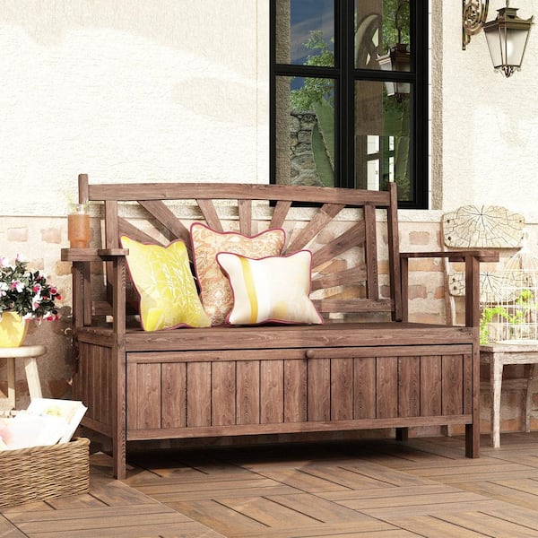 Kingdely Dark Brown Wood Outdoor Patio Garden Storage Bench With Back, Storage Function, Cup Holder, Waterproof